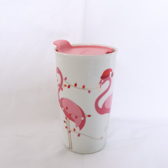 David's Tea Pink Flamingo Holiday Christmas Ceramic BPA Free Travel Mug - Picture 1 of 7